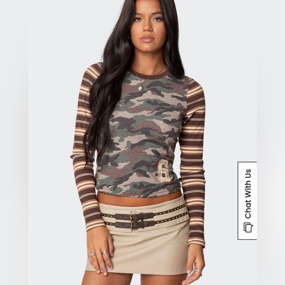 Edikted Tops - Edikted Camo & Stripe Long Sleeve T-Shirt